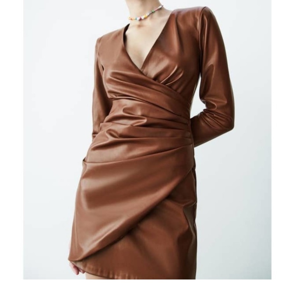 Zara faux brown mini leather dress with long sleeves. Size S new with tag